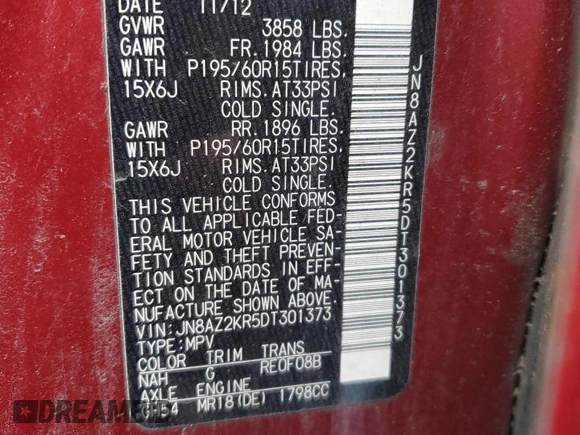 2013 Nissan Cube SL z VIN JN8AZ2KR5DT301373, wystawiony jako Copart lot #84353874 z przebiegiem 77 338 mil mil oraz Nie do naprawy • Non repairable. Historia ofert i sprzedaży dostępna na DreamBid. Obrazek 12.