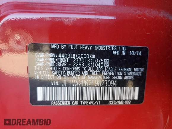 2015 Subaru WRX STI with VIN JF1VA2P62F9823094, listed as a Copart auction lot 43390715 with 127,043 mi miles and Salvage Title. Bid and sale history available at DreamBid. Image 13.