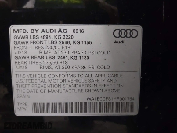2017 Audi Q3 Premium with VIN WA1ECCFS1HR001764, listed as a IAAI auction lot 41913377 with 1 mi miles. Bid and sale history available at carsss.com. Image 9.