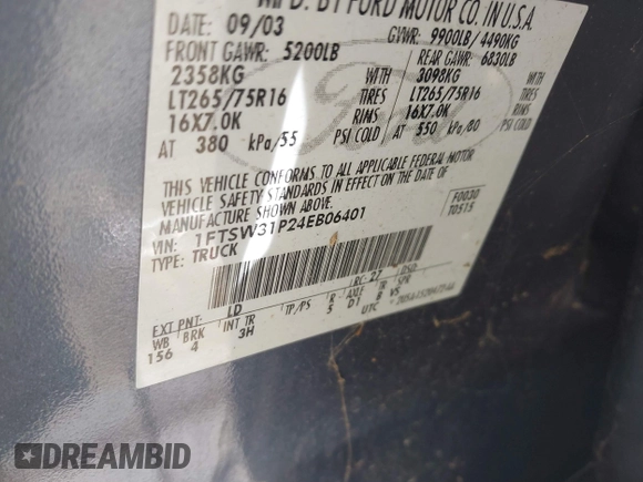 2004 Ford F-350 XL с VIN 1FTSW31P24EB06401, выставлен на аукционе IAAI как лот 41834298 с пробегом 234 410 миль миль и . История ставок и продаж доступна на DreamBid. Изображение 9.