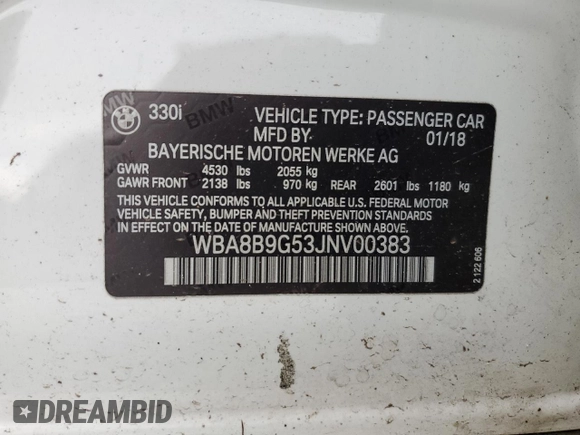 2018 BMW 3 Series 330i z VIN WBA8B9G53JNV00383, wystawiony jako Copart lot #60149505 z przebiegiem 152 711 mil mil oraz Czysty tytuł • Clean title. Historia ofert i sprzedaży dostępna na DreamBid. Obrazek 12.