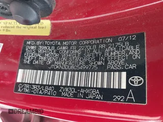 2012 Toyota Prius One with VIN JTDKN3DU8C5499775, listed as a IAAI auction lot 42065022 with 104,499 mi miles and . Bid and sale history available at carsss.com. Image 9.