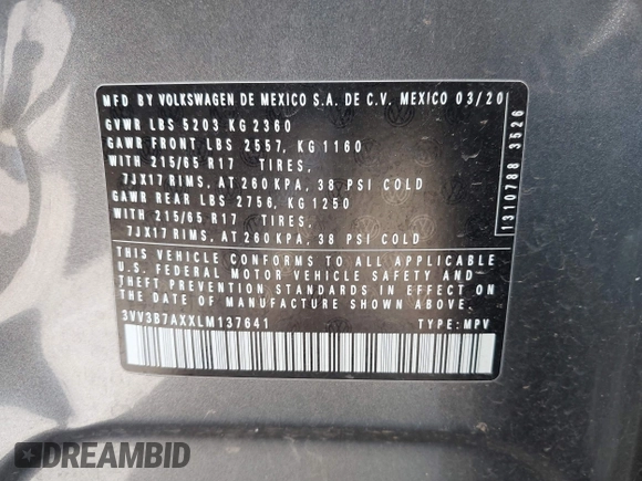 2020 Volkswagen Tiguan SE with VIN 3VV3B7AXXLM137641, listed as a IAAI auction lot 41830400 with 68,067 mi miles and . Bid and sale history available at DreamBid. Image 9.
