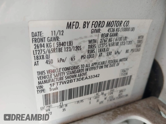 2013 Ford F-250 XL with VIN 1FT7W2BT3DEA33342, listed as a IAAI auction lot 42363597 with Not provided miles and . Bid and sale history available at DreamBid. Image 9.