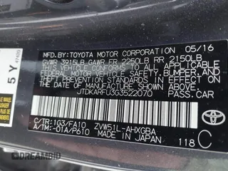 2016 Toyota Prius Four with VIN JTDKARFU3G3522070, listed as a IAAI auction lot 41119582 with 188,816 mi miles. Bid and sale history available at carsss.com. Image 9.