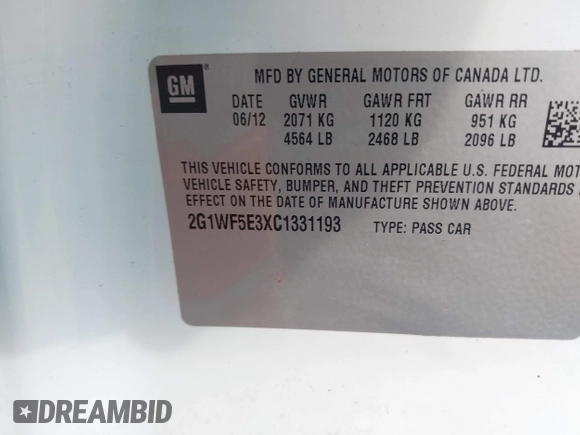 2012 Chevrolet Impala LS Fleet with VIN 2G1WF5E3XC1331193, listed as a IAAI auction lot 41864865 with 175,486 mi miles and . Bid and sale history available at DreamBid. Image 9.