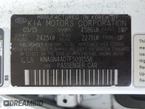 2015 Kia Optima EX with VIN KNAGN4AD7F5091558, listed as a Copart auction lot 62286205 with Not provided miles and Clean title. Bid and sale history available at DreamBid. Image 12.