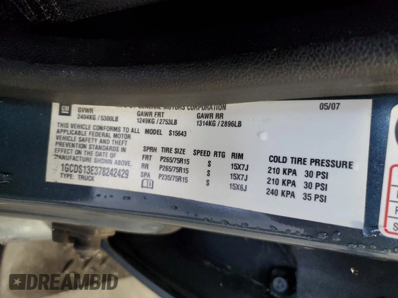 2007 Chevrolet Colorado 2LT with VIN 1GCDS13E378242429, listed as a Copart auction lot 48285295 with 169,495 mi miles and Salvage Title. Bid and sale history available at DreamBid. Image 14.