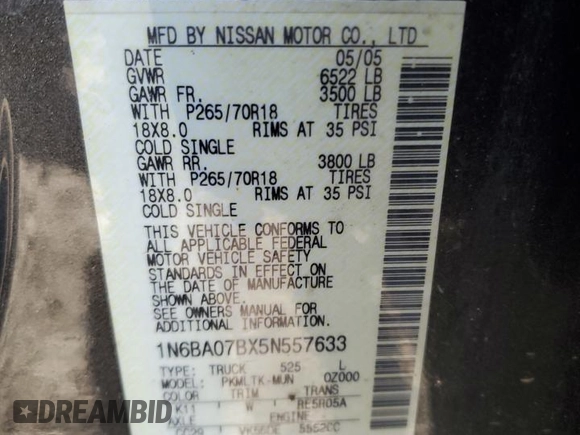 2005 Nissan Titan SE with VIN 1N6BA07BX5N557633, listed as a Copart auction lot 45197365 with 214,516 mi miles and Clean Title. Bid and sale history available at DreamBid. Image 12.