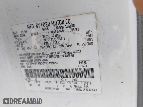 2008 Ford F-150 XLT with VIN 1FTPW14508FC19929, listed as a IAAI auction lot 41496709 with Not provided miles and . Bid and sale history available at DreamBid. Image 9.