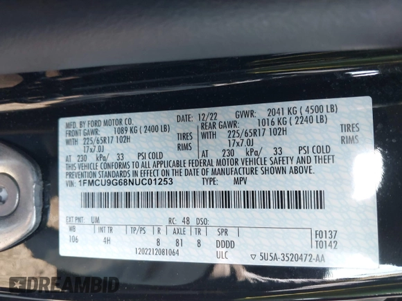 2022 Ford Escape SE with VIN 1FMCU9G68NUC01253, listed as a IAAI auction lot 42093688 with 13,379 mi miles and . Bid and sale history available at DreamBid. Image 9.