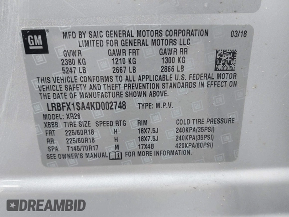 2019 Buick Envision Essence with VIN LRBFX1SA4KD002748, listed as a IAAI auction lot 42027472 with 66,652 mi miles and . Bid and sale history available at DreamBid. Image 9.
