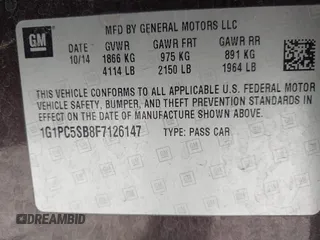 2015 Chevrolet Cruze LT with VIN 1G1PC5SB8F7126147, listed as a IAAI auction lot 42227926 with 156,172 mi miles and . Bid and sale history available at DreamBid. Image 9.