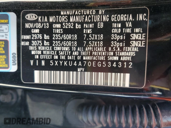 2014 Kia Sorento EX with VIN 5XYKU4A70EG534312, listed as a Copart auction lot 47099055 with 190,960 mi miles and Salvage Title. Bid and sale history available at carsss.com. Image 14.