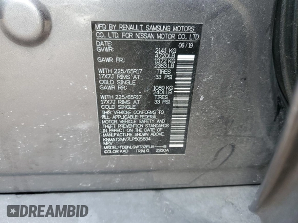 2020 Nissan Rogue S with VIN KNMAT2MV7LP505834, listed as a Copart auction lot 49318595 with 56,987 mi miles and Salvage Title. Bid and sale history available at carsss.com. Image 14.