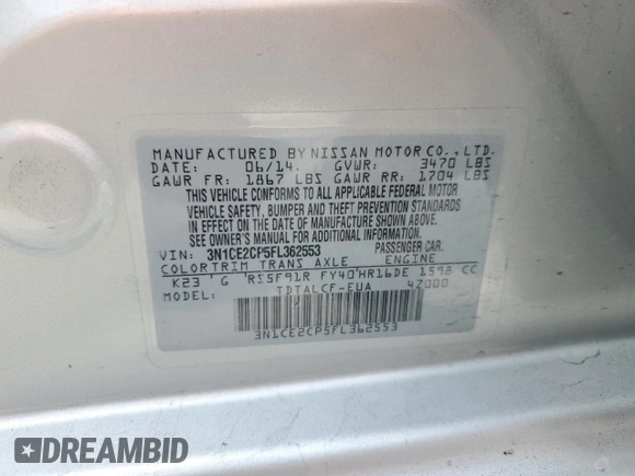 2015 Nissan Note SV with VIN 3N1CE2CP5FL362553, listed as a Copart auction lot 50935205 with 118,054 mi miles and Salvage Title. Bid and sale history available at DreamBid. Image 12.