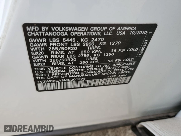 2021 Volkswagen Atlas SE with VIN 1V2WC2CA3MC201976, listed as a Copart auction lot 84661954 with 41,249 mi miles and Salvage title. Bid and sale history available at DreamBid. Image 13.