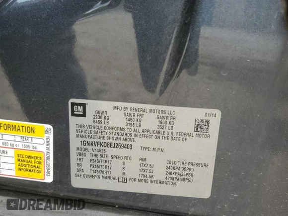 2014 Chevrolet Traverse LS z VIN 1GNKVFKD8EJ269403, wystawiony jako Copart lot #56546145 z przebiegiem 174 019 mil mil oraz Szkoda całkowita • Salvage title. Historia ofert i sprzedaży dostępna na DreamBid. Obrazek 13.