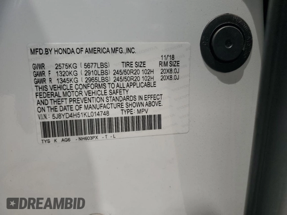 2019 Acura MDX Technology с VIN 5J8YD4H51KL014748, выставлен на аукционе Copart как лот 54630685 с пробегом 42 803 миль миль и Списание • Salvage title. История ставок и продаж доступна на DreamBid. Изображение 13.