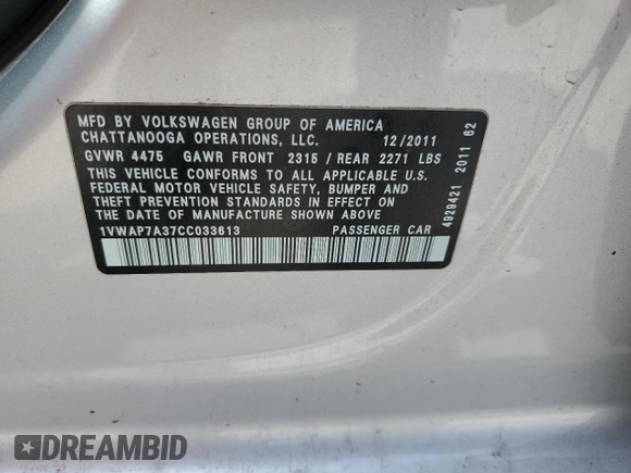 2012 Volkswagen Passat S with VIN 1VWAP7A37CC033613, listed as a Copart auction lot 63634505 with 398,735 mi miles and Salvage title. Bid and sale history available at DreamBid. Image 12.