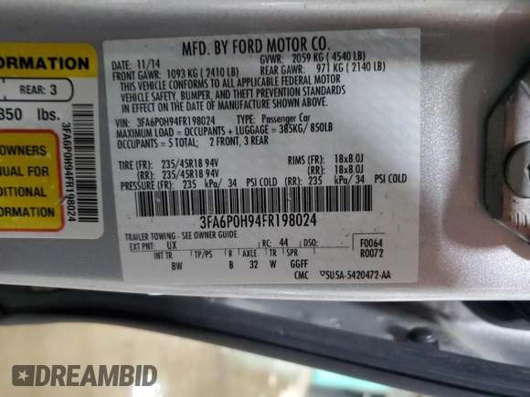 2015 Ford Fusion SE with VIN 3FA6P0H94FR198024, listed as a Copart auction lot 62302505 with 106,346 mi miles and Salvage title. Bid and sale history available at DreamBid. Image 12.