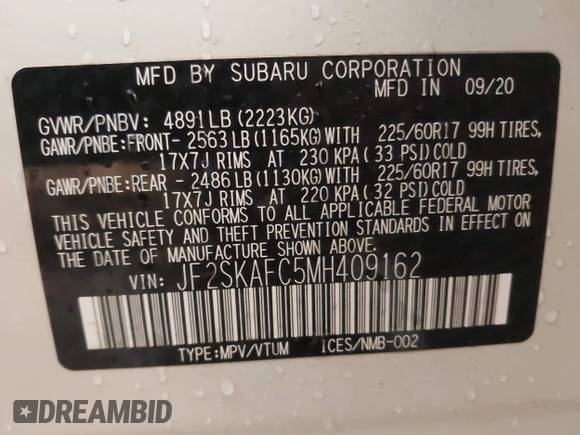 2021 Subaru Forester Premium with VIN JF2SKAFC5MH409162, listed as a IAAI auction lot 40907370 with 30,431 mi miles and . Bid and sale history available at DreamBid. Image 9.