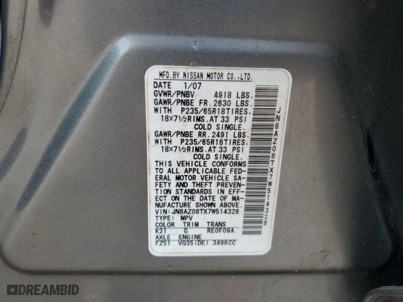 2007 Nissan Murano SL with VIN JN8AZ08TX7W514328, listed as a Copart auction lot 72886854 with 211,478 mi miles and Salvage Title. Bid and sale history available at carsss.com. Image 14.