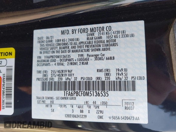 2021 Ford Mustang GT with VIN 1FA6P8CF0M5136535, listed as a IAAI auction lot 42213751 with 35,657 mi miles and . Bid and sale history available at DreamBid. Image 9.