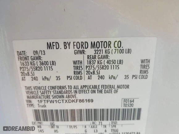2013 Ford F-150 XL with VIN 1FTFW1CTXDKF86169, listed as a IAAI auction lot 41446384 with 182,756 mi miles. Bid and sale history available at carsss.com. Image 9.