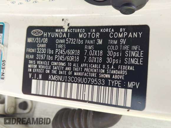 2009 Hyundai Veracruz GLS with VIN KM8NU13C09U079533, listed as a IAAI auction lot 42454292 with 169,828 mi miles and . Bid and sale history available at DreamBid. Image 9.