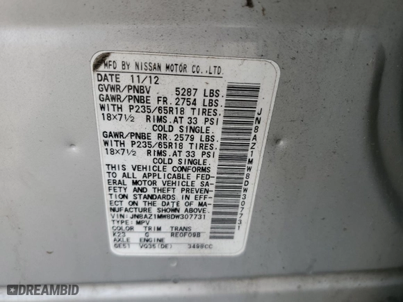 2013 Nissan Murano SL with VIN JN8AZ1MW8DW307731, listed as a Copart auction lot 52633075 with 146,887 mi miles and Salvage Title. Bid and sale history available at carsss.com. Image 13.