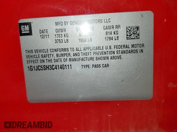 2012 Chevrolet Sonic LT z VIN 1G1JC5SH3C4140111, wystawiony jako Copart lot #57206595 z przebiegiem 126 223 mil mil oraz Szkoda całkowita • Salvage title. Historia ofert i sprzedaży dostępna na DreamBid. Obrazek 13.