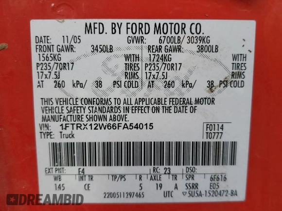 2006 Ford F-150 STX with VIN 1FTRX12W66FA54015, listed as a Copart auction lot 44748215 with 228,711 mi miles and Salvage Title. Bid and sale history available at carsss.com. Image 12.