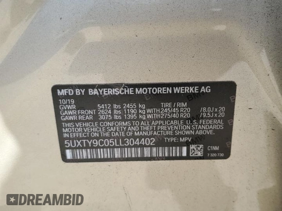 2020 BMW X3 M40i with VIN 5UXTY9C05LL304402, listed as a Copart auction lot 47358785 with 57,231 mi miles and Salvage Title. Bid and sale history available at DreamBid. Image 14.