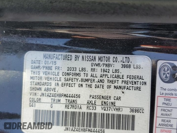 2015 Nissan 370Z with VIN JN1AZ4EH8FM444456, listed as a Copart auction lot 67407134 with 58,513 mi miles and Salvage Title. Bid and sale history available at carsss.com. Image 12.