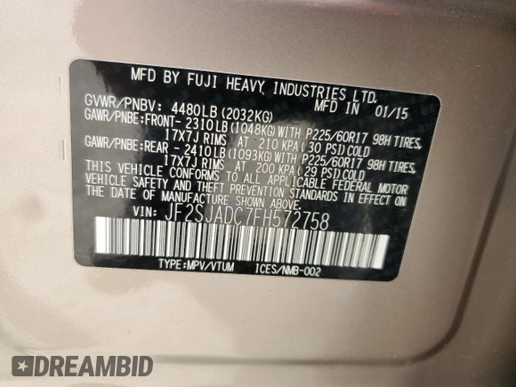 2015 Subaru Forester Premium with VIN JF2SJADC7FH572758, listed as a Copart auction lot 53893685 with 104,937 mi miles and Salvage Title. Bid and sale history available at DreamBid. Image 13.