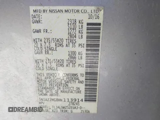 2017 Nissan Murano Platinum z VIN 5N1AZ2MG8HN113914, wystawiony jako IAAI lot #41212511 z przebiegiem 127 925 mil mil oraz . Historia ofert i sprzedaży dostępna na DreamBid. Obrazek 9.