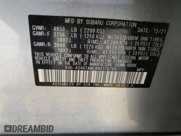2022 Subaru Outback Limited with VIN 4S4BTANC4N3176768, listed as a Copart auction lot 55438645 with 83,833 mi miles and Salvage title. Bid and sale history available at DreamBid. Image 14.