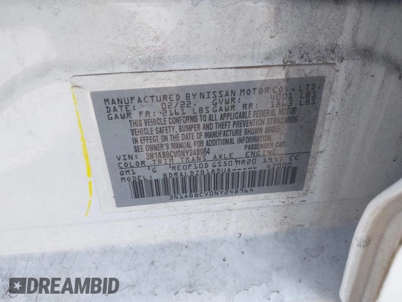 2022 Nissan Sentra SV with VIN 3N1AB8CV0NY248964, listed as a IAAI auction lot 42063919 with 44,135 mi miles and . Bid and sale history available at DreamBid. Image 9.