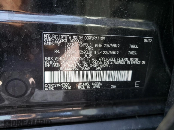 2022 Toyota Venza LE with VIN JTEAAAAH3NJ106869, listed as a Copart auction lot 70992943 with 9,152 mi miles. Bid and sale history available at carsss.com. Image 12.