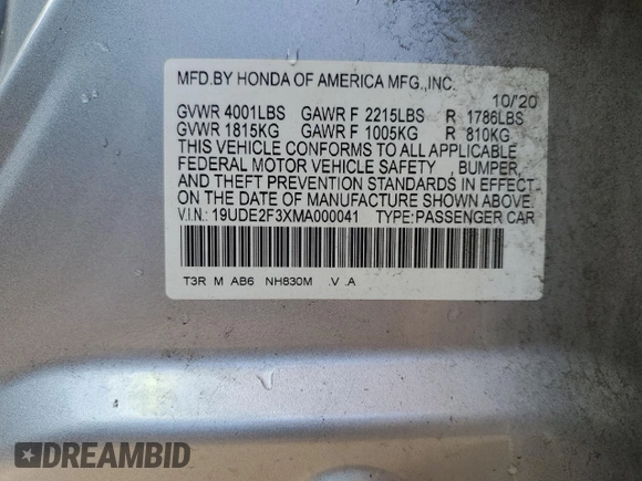 2021 Acura ILX with VIN 19UDE2F3XMA000041, listed as a Copart auction lot 85164174 with 60,618 mi miles and Salvage title. Bid and sale history available at DreamBid. Image 12.