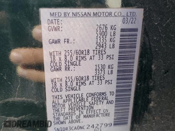 2022 Nissan Pathfinder SL z VIN 5N1DR3CA0NC242799, wystawiony jako Copart lot #50532655 z przebiegiem 116 338 mil mil oraz Szkoda całkowita • Salvage title. Historia ofert i sprzedaży dostępna na DreamBid. Obrazek 15.
