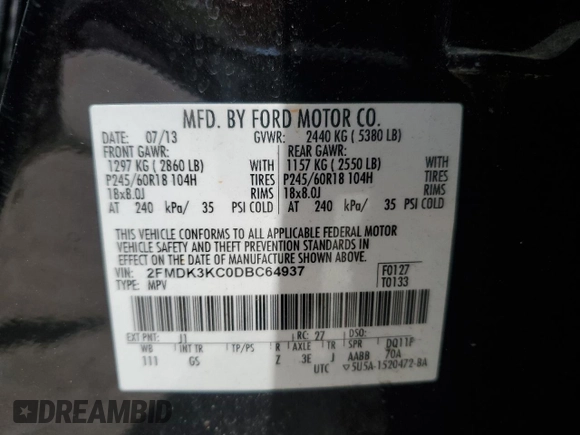 2013 Ford Edge Limited with VIN 2FMDK3KC0DBC64937, listed as a Copart auction lot 55006755 with 89,604 mi miles and Salvage title. Bid and sale history available at DreamBid. Image 13.