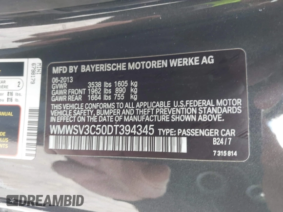 2013 MINI Hardtop S with VIN WMWSV3C50DT394345, listed as a IAAI auction lot 41738216 with 58,241 mi miles and . Bid and sale history available at DreamBid. Image 9.