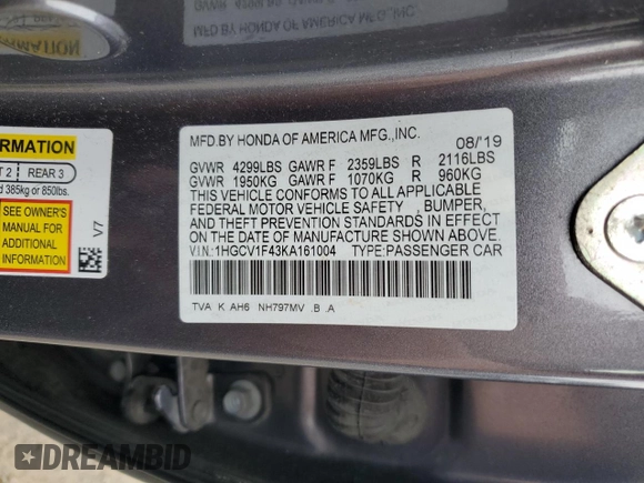 2019 Honda Accord EX with VIN 1HGCV1F43KA161004, listed as a Copart auction lot 65398045 with 72,594 mi miles and Clean title. Bid and sale history available at DreamBid. Image 13.
