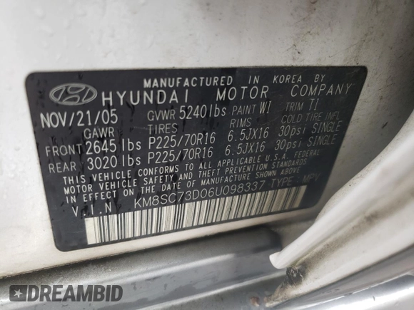 2006 Hyundai Santa Fe GLS z VIN KM8SC73D06U098337, wystawiony jako Copart lot #48754175 z przebiegiem 162 259 mil mil oraz Szkoda całkowita • Salvage title. Historia ofert i sprzedaży dostępna na DreamBid. Obrazek 14.