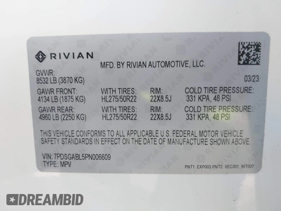 2023 Rivian R1S Launch Edition with VIN 7PDSGABL5PN006609, listed as a IAAI auction lot 41903200 with Not Provided miles. Bid and sale history available at carsss.com. Image 9.