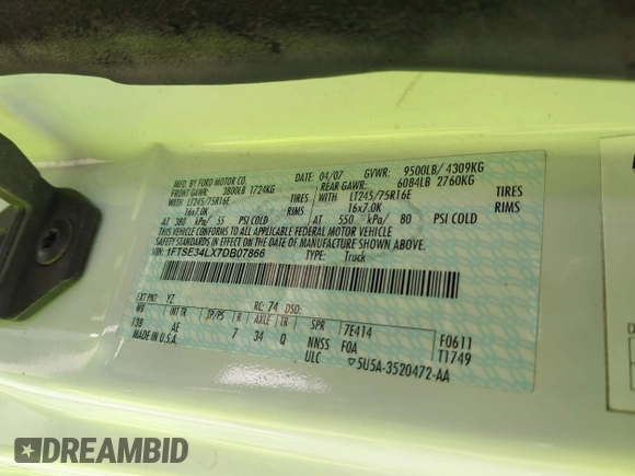 2007 Ford Econoline Cargo with VIN 1FTSE34LX7DB07866, listed as a IAAI auction lot 42731198 with 129,514 mi miles and . Bid and sale history available at DreamBid. Image 9.