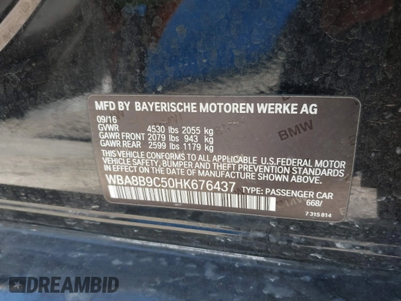 2017 BMW 3 Series 330i with VIN WBA8B9C50HK676437, listed as a IAAI auction lot 41746379 with 115,341 mi miles and . Bid and sale history available at DreamBid. Image 9.