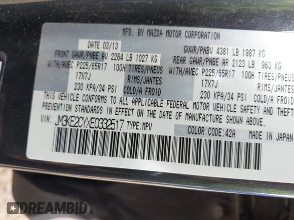 2014 Mazda CX-5 Touring with VIN JM3KE2CYXE0332517, listed as a IAAI auction lot 42109592 with 138,214 mi miles. Bid and sale history available at carsss.com. Image 9.